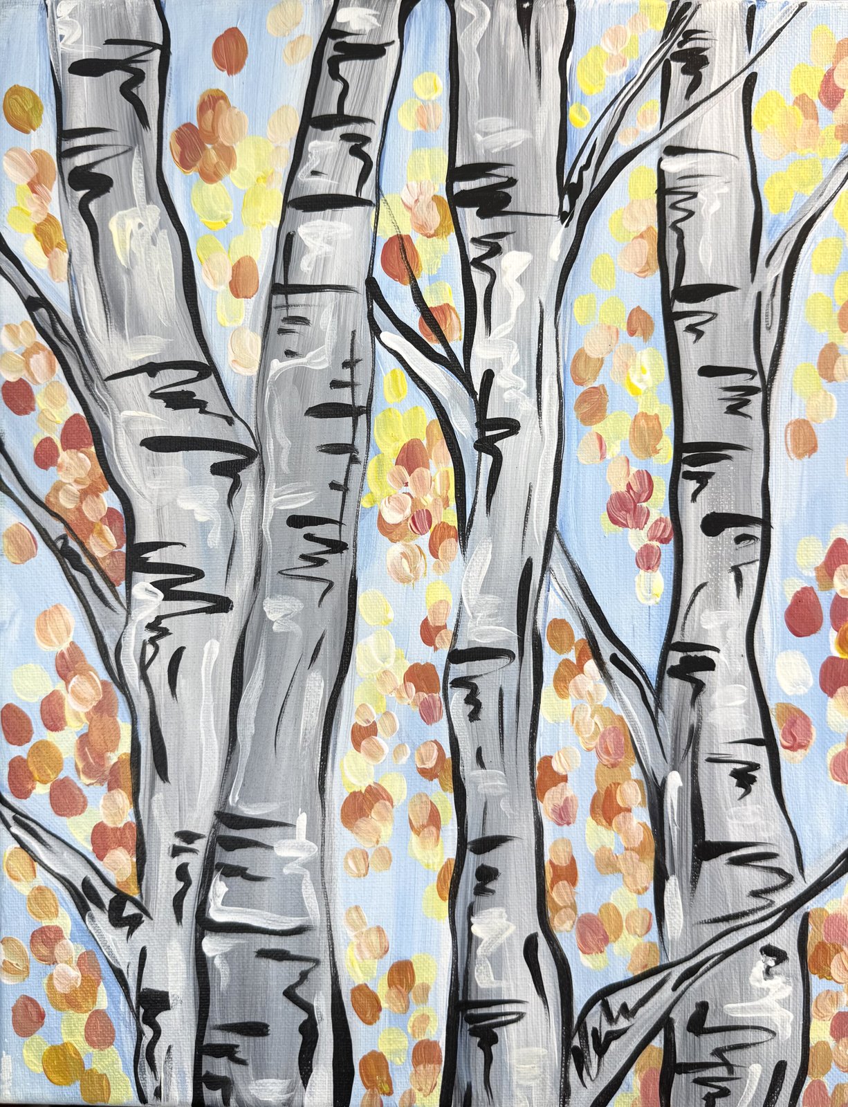 Acrylic painting of birch trees with dotted autumn leaves