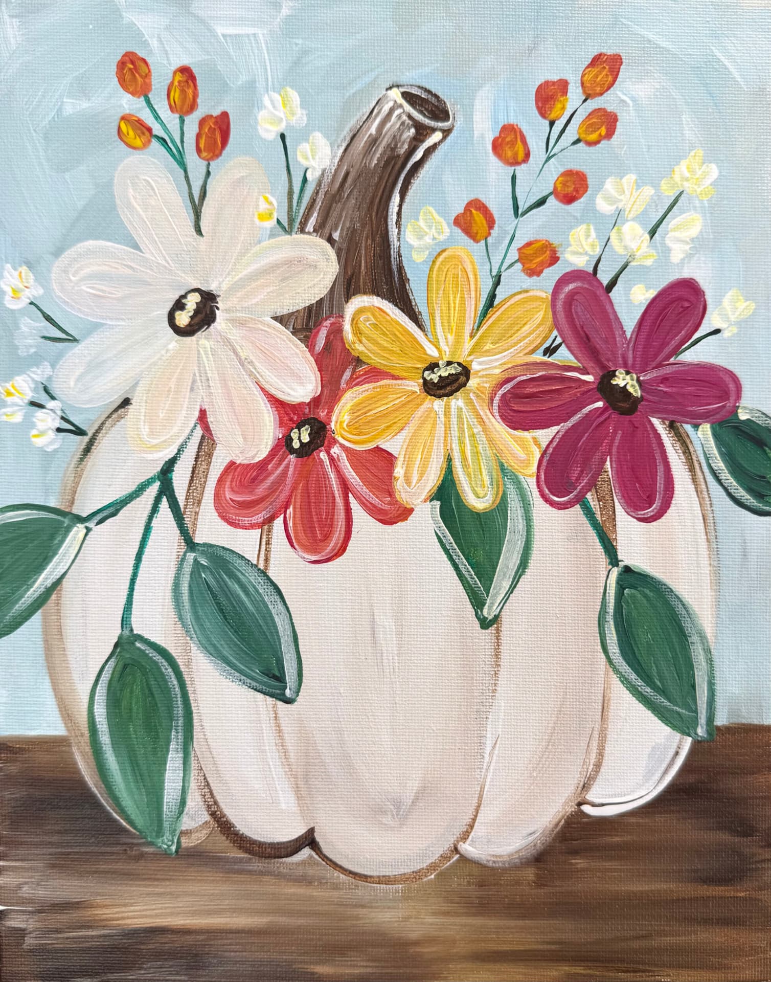Acrylic painting of a white pumpkin with fall flowers