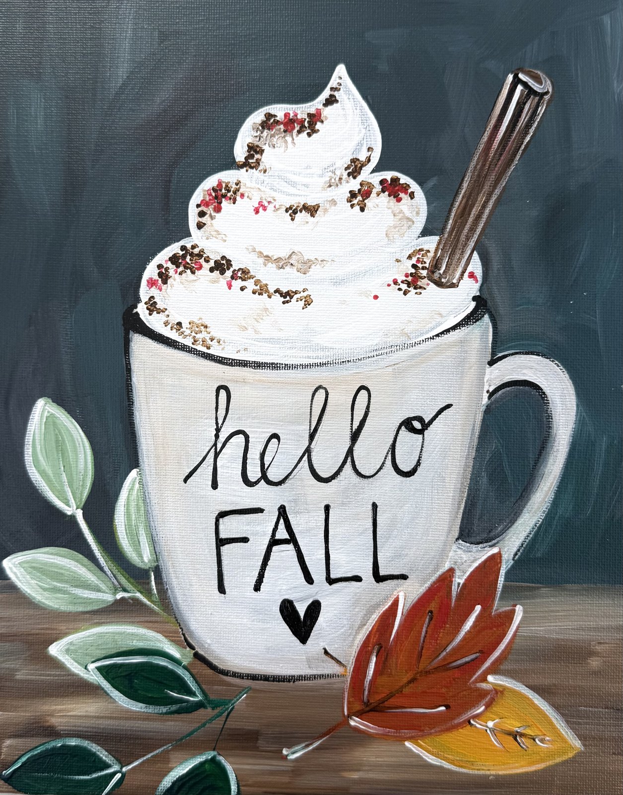 Acrylic painting of a whipped-cream latte mug that says hello fall