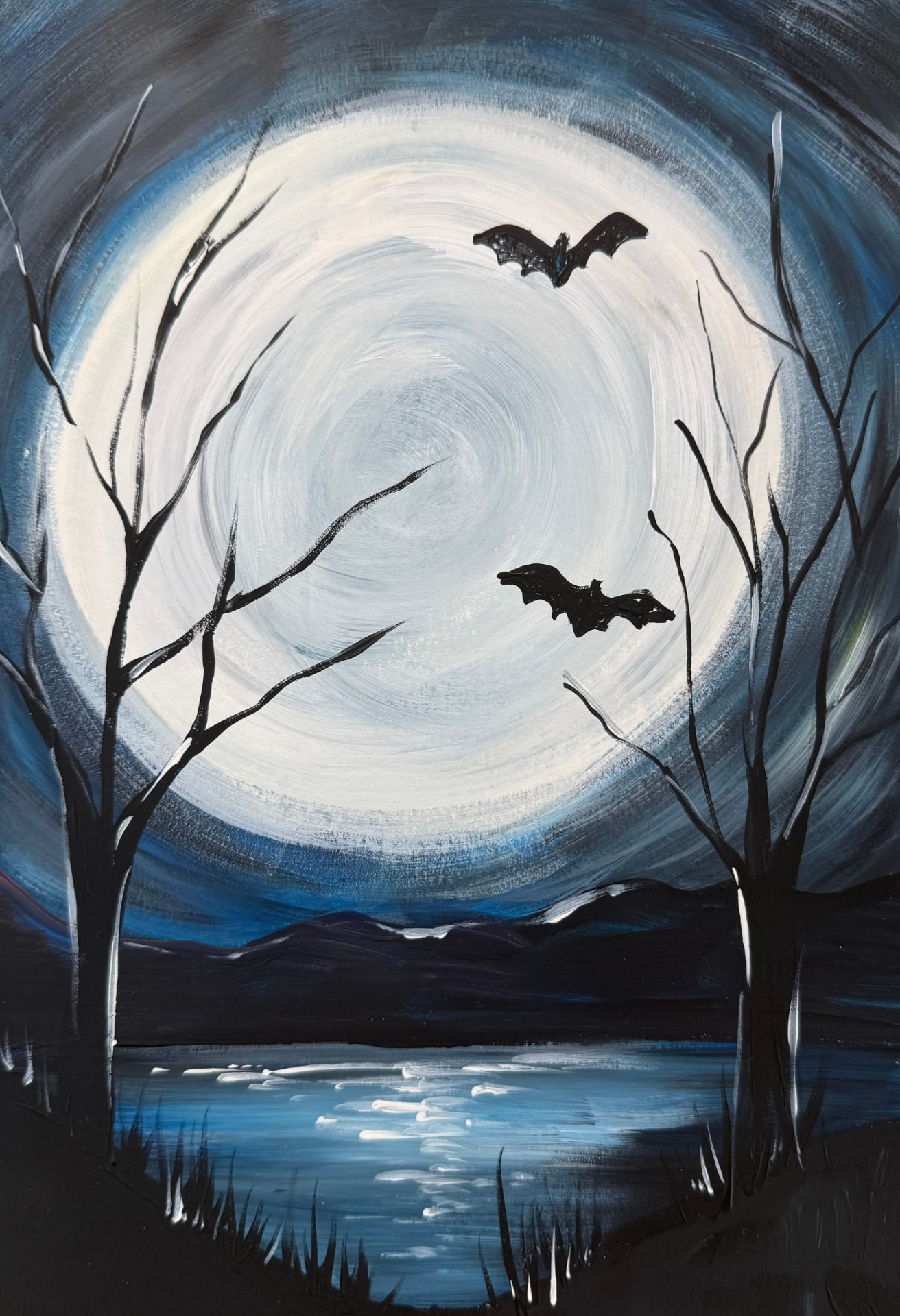 Acrylic painting of a large full moon with bats and bare trees over a lake