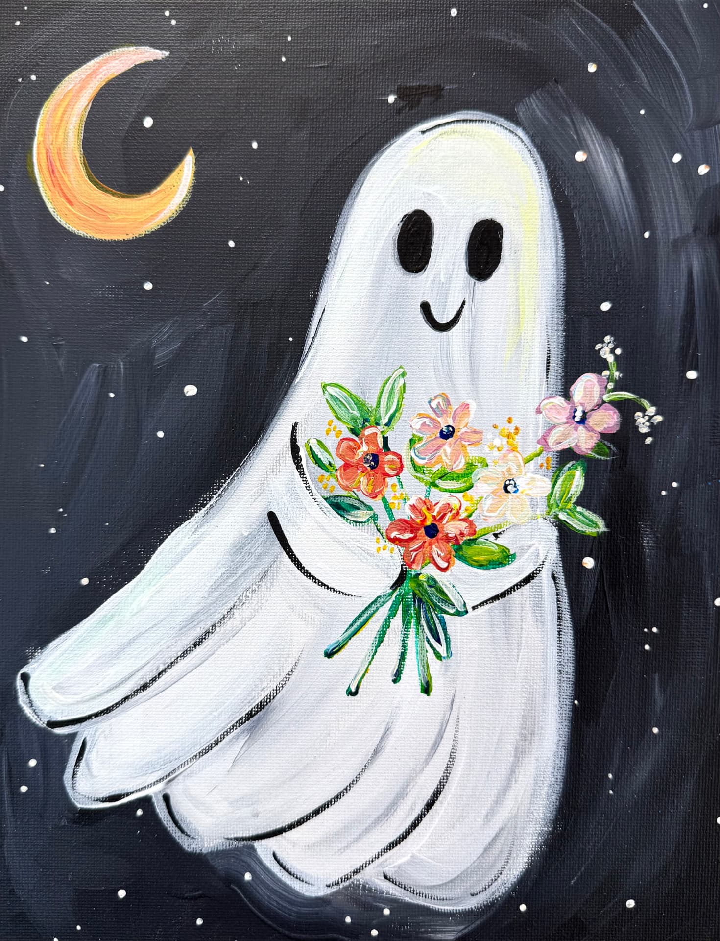 Acrylic painting of a smiling ghost holding a bouquet of flowers