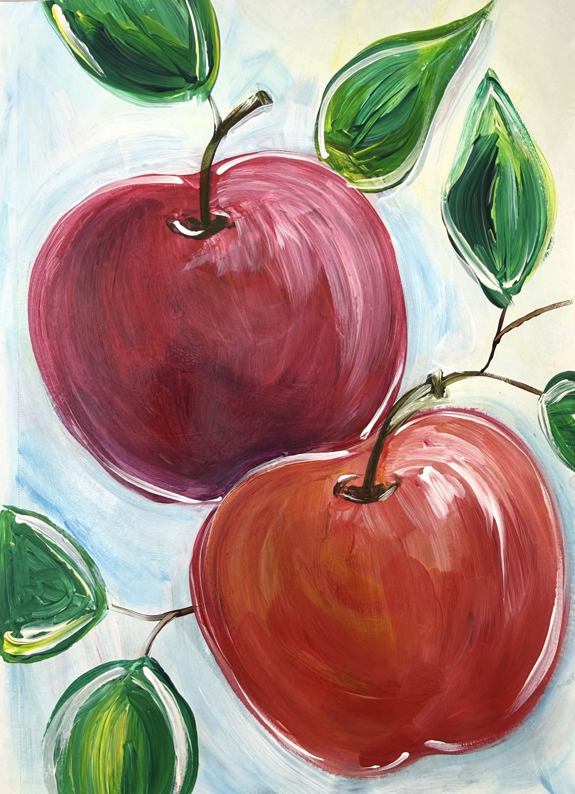 Acrylic painting of two red apples with green leaves