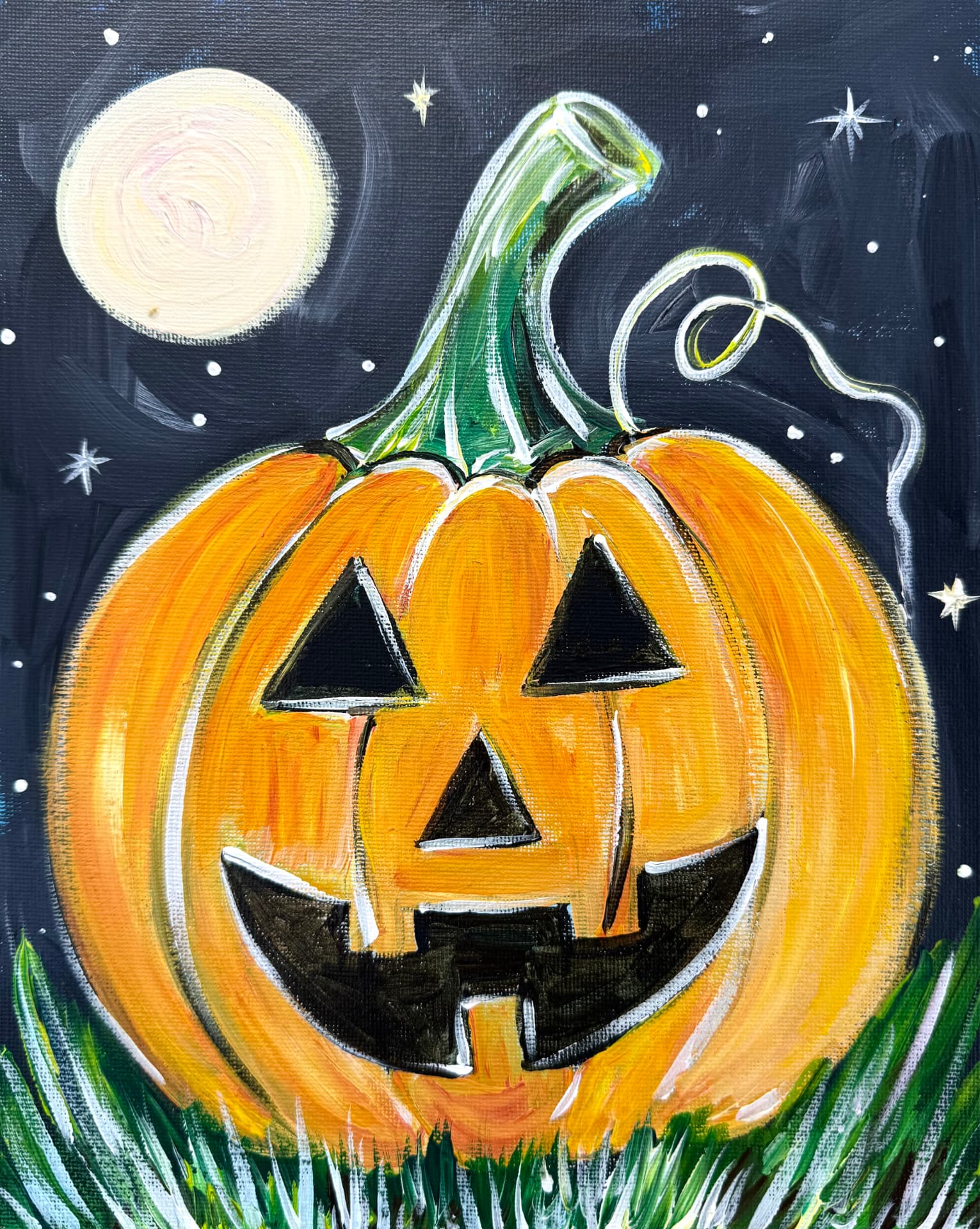 Acrylic painting of a grinning jack-o-lantern under a full moon