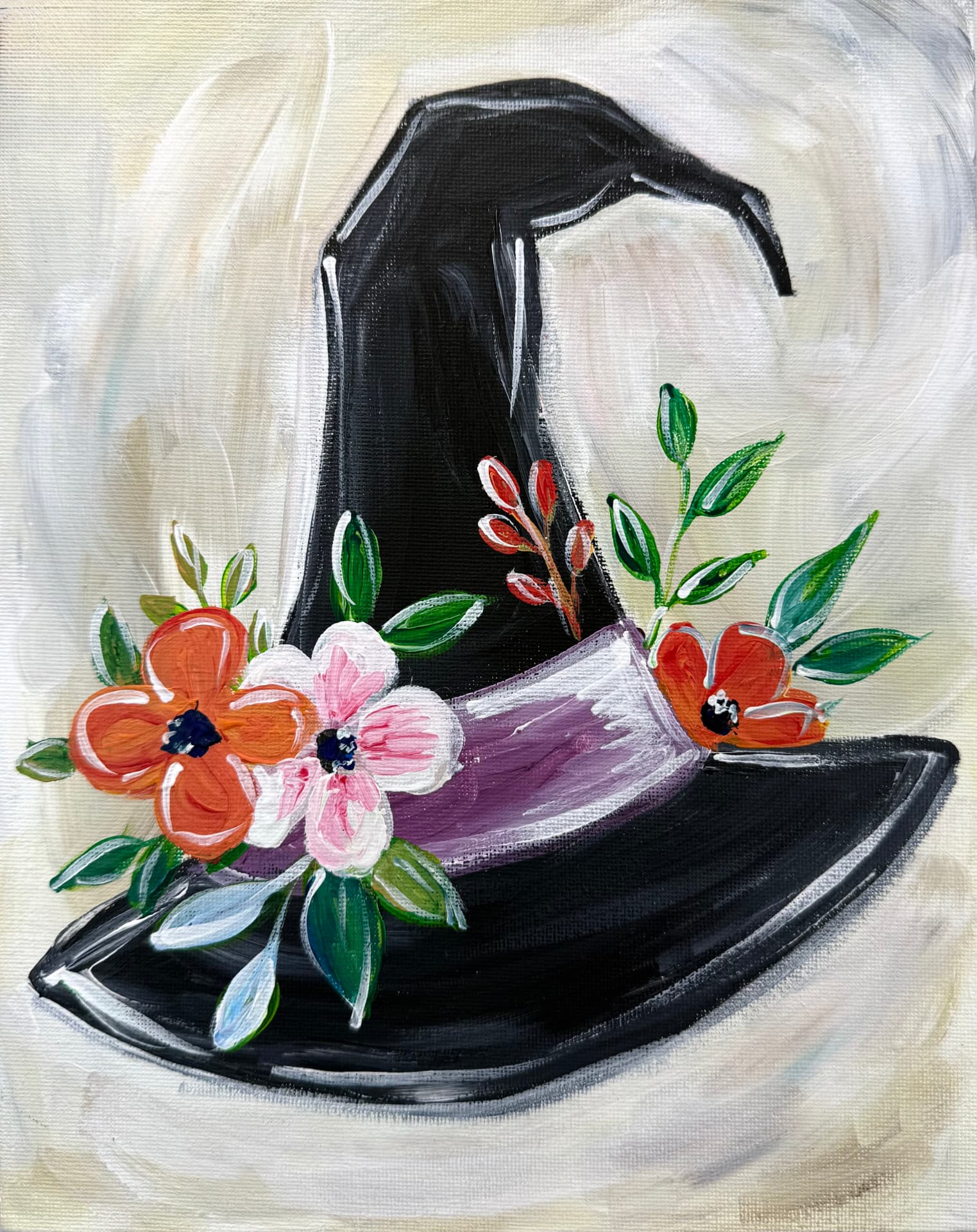 Acrylic painting of a black witch hat with a purple band and fall flowers