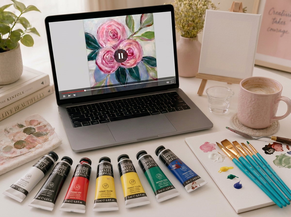 Liquitex paints, brushes and a laptop tutorial set up for a painting session