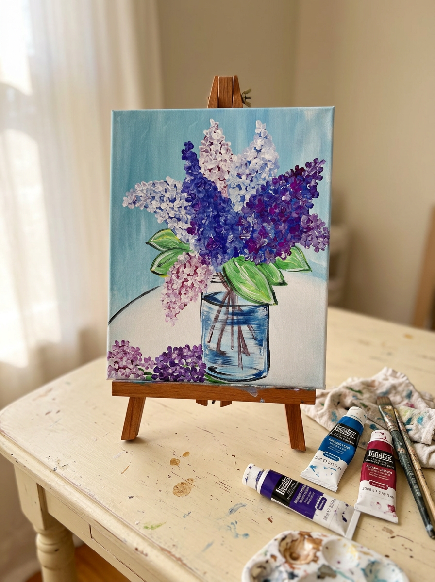 Lilac acrylic painting on a portrait canvas standing on a tabletop easel beside Liquitex paint tubes