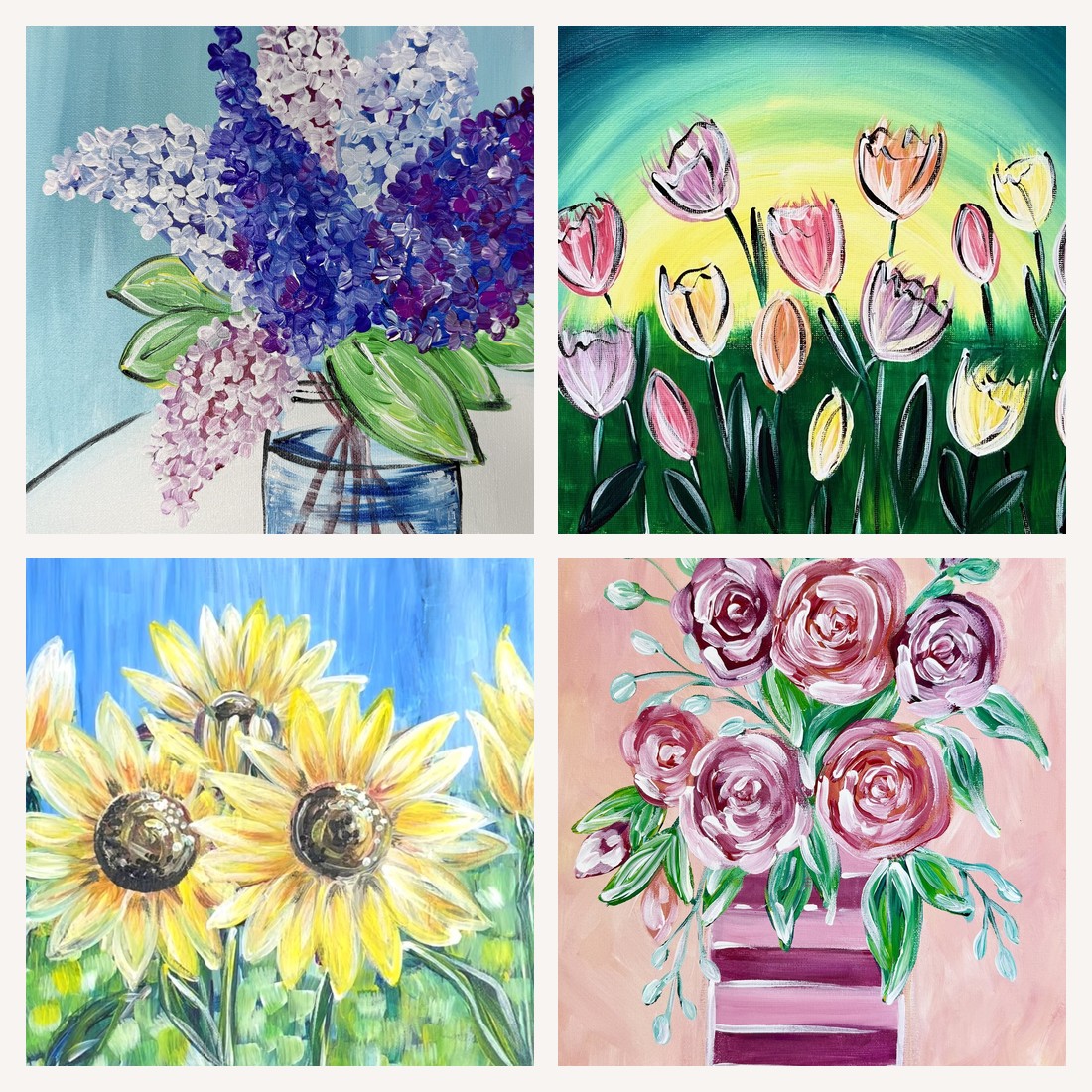 Four of our beginner painting tutorials: lilacs, tulips, sunflowers and a blush bloom
